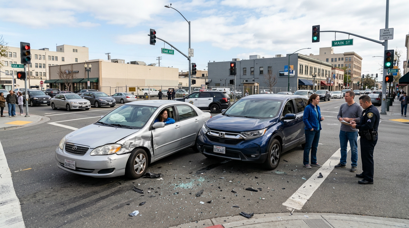 Two cars after a collision at an intersection, illustrating shared fault in a car accident claim