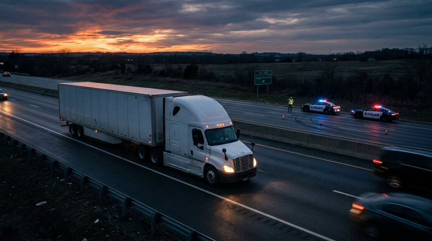 Large commercial semi-truck on a highway at dusk representing truck accident evidence and legal claims
