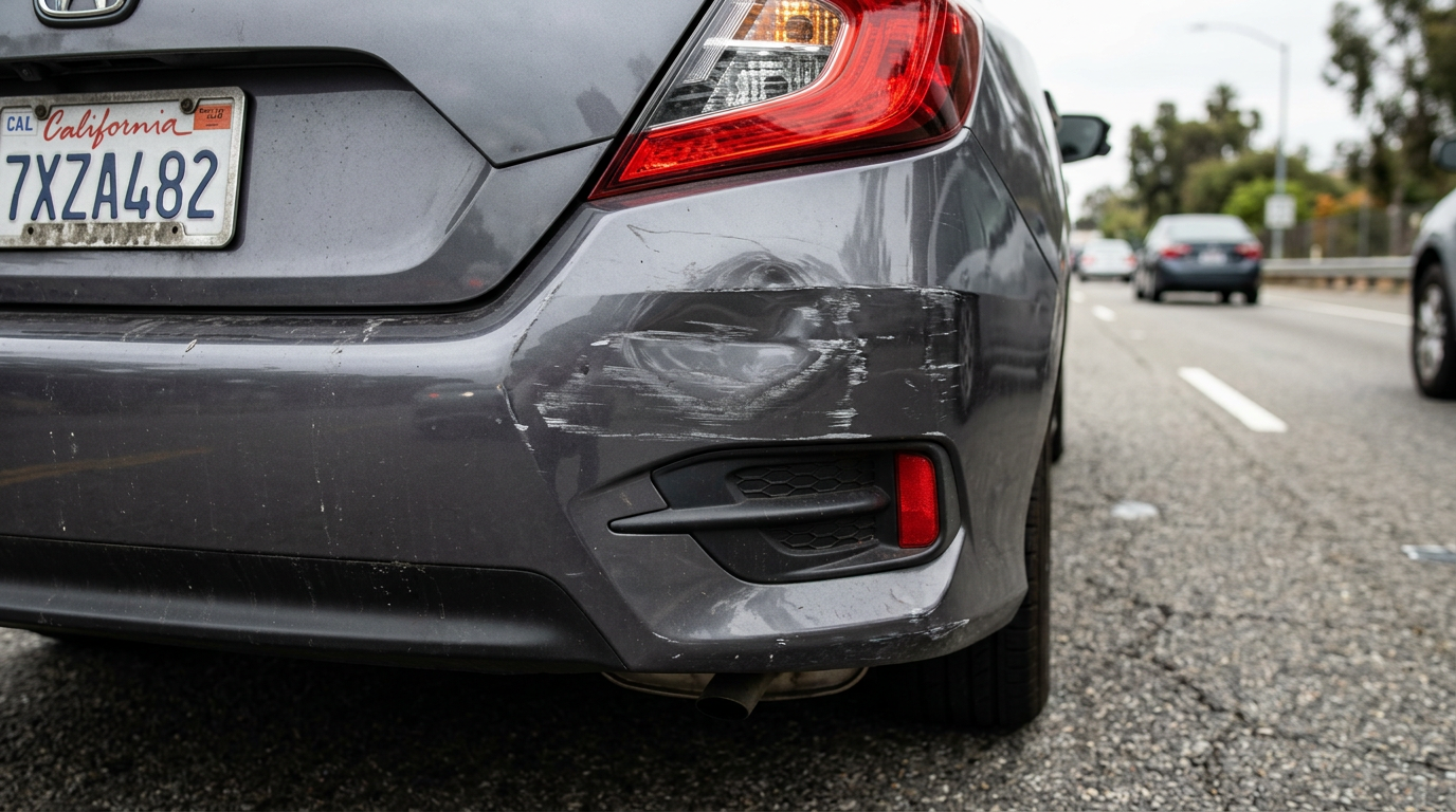 Car bumper with minor damage after a low-speed rear-end collision on a road