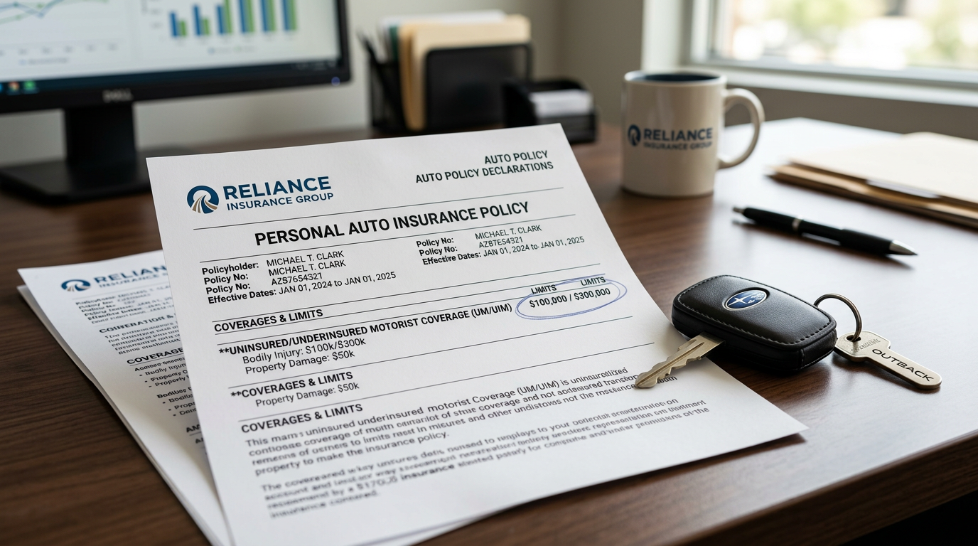 Car insurance policy document on a desk with car keys, illustrating uninsured motorist coverage