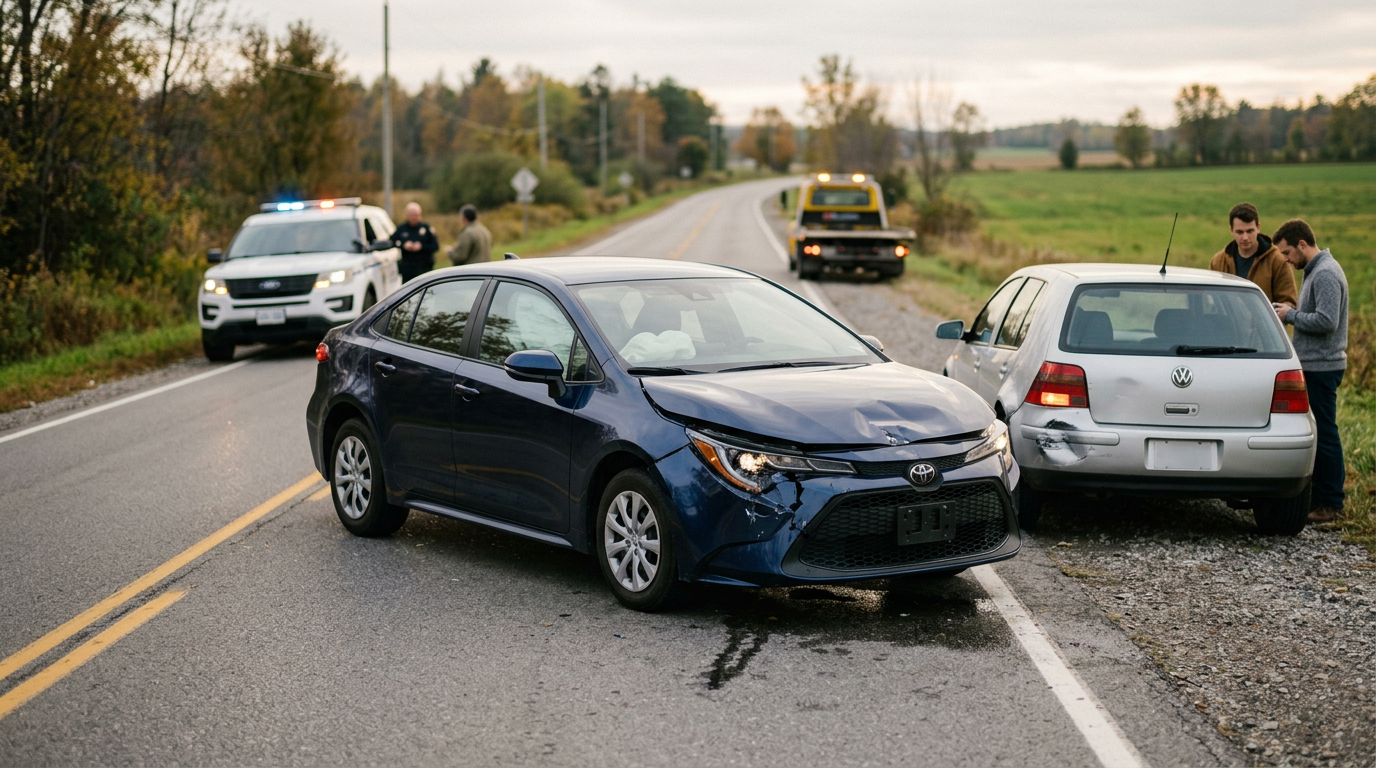 Two cars involved in a collision on a road with one vehicle's front-end visibly damaged
